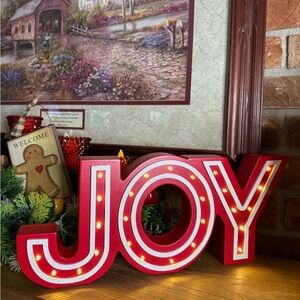 Light-Up JOY Sign in Red and White Solid Wood Christmas Decor
